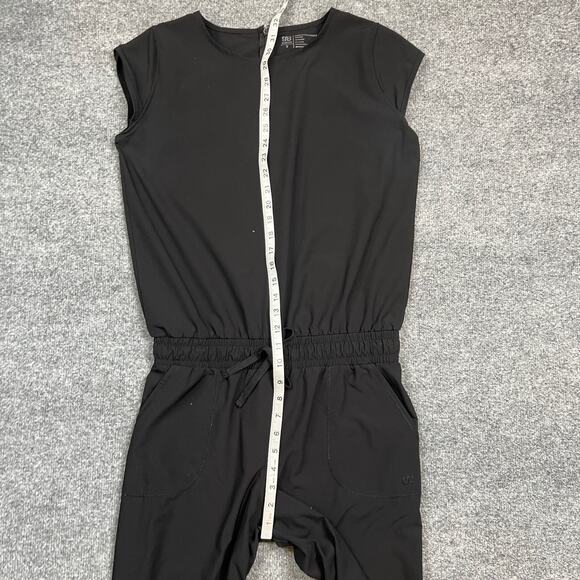 Albion Jumpsuit Women Small Black Ankle Zip Cap Sleeve Smocked Tie Waist BackZip - Picture 8 of 13